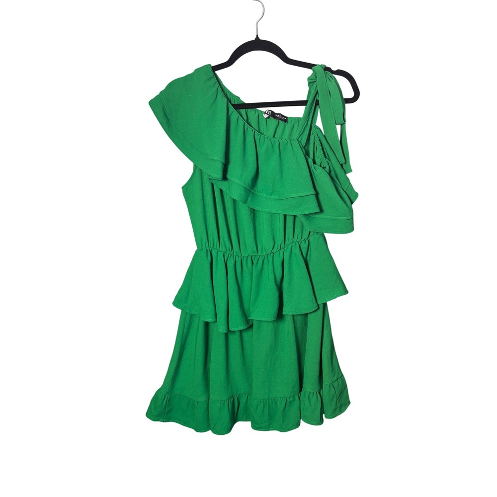 Zara Dress M Green One Shoulder Tiered Ruffle Mini Romantic Tropical Vacation